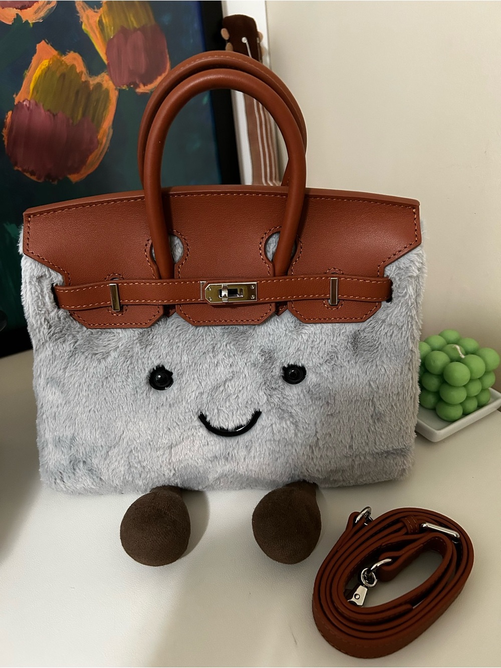 Plush Gray and Brown Top-Handle Women's Handbag with Crossbody Strap